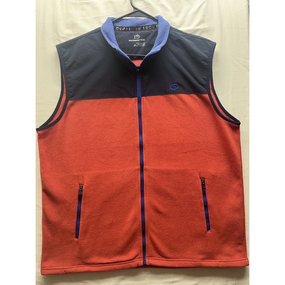 Southern‎ Tide Vest Mens Medium Red Blue Fleece Pockets Full Zip Jacket Casual